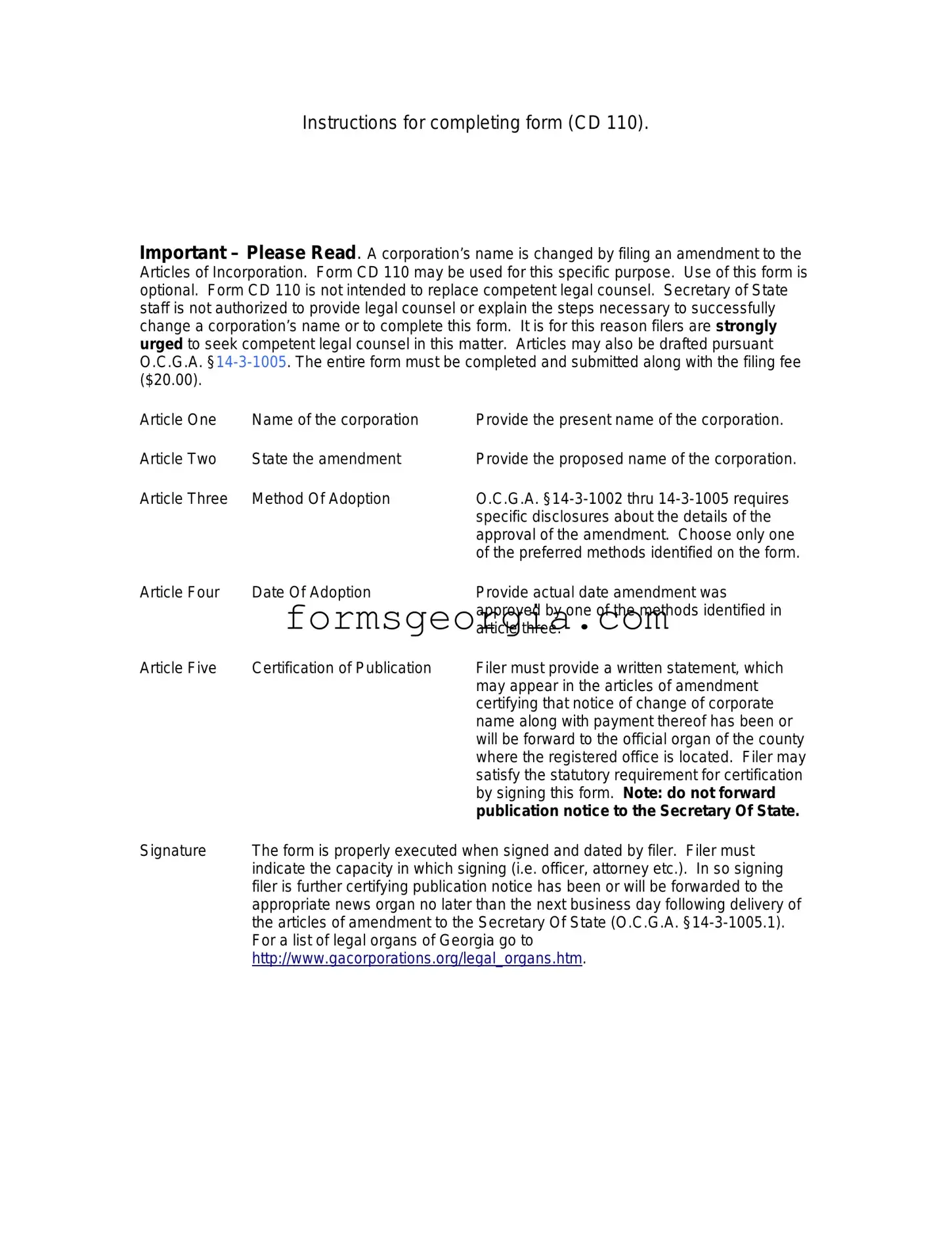 Fill a Valid Articles Of Amendment Georgia Cd 110 Template