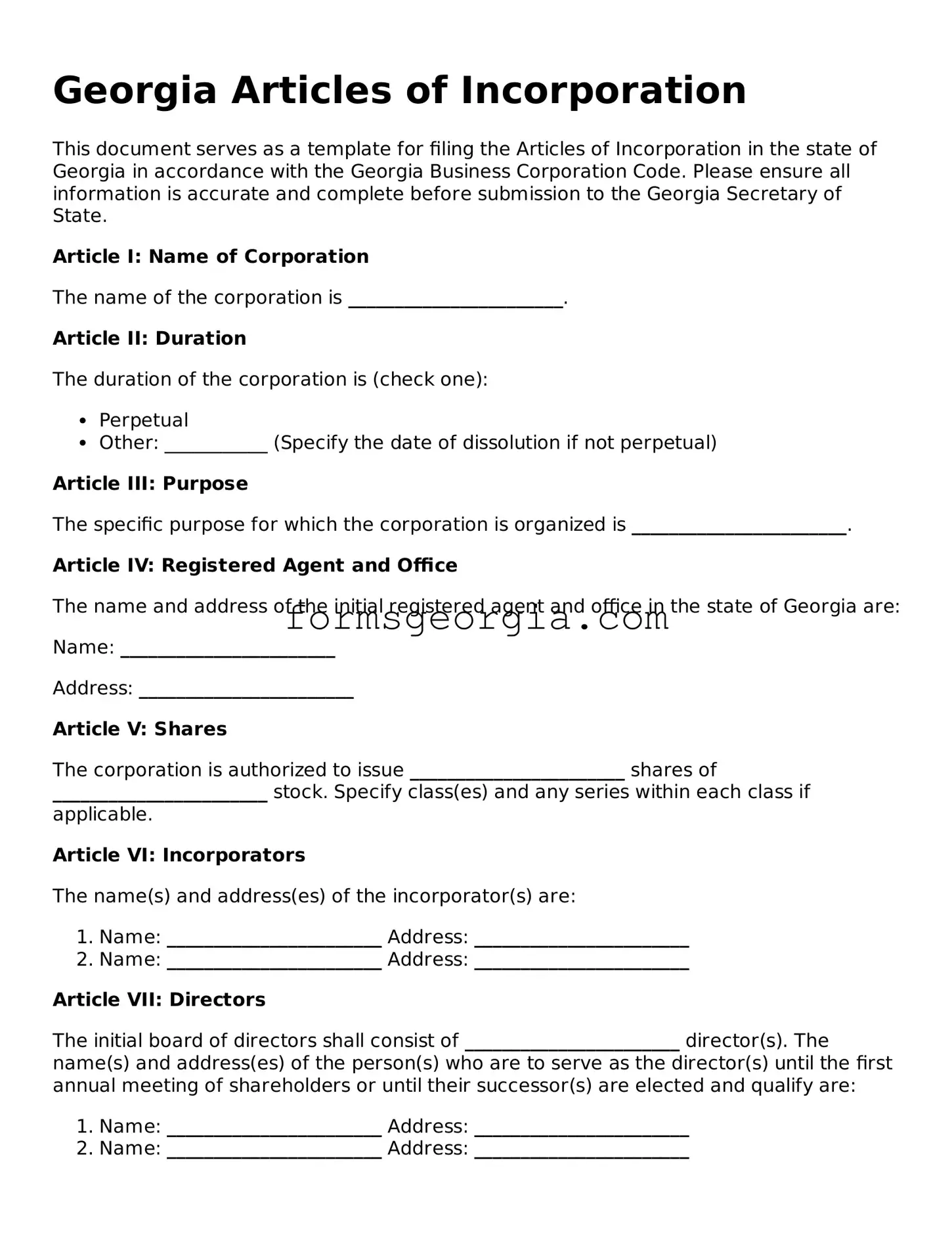 Attorney-Approved Georgia Articles of Incorporation Template