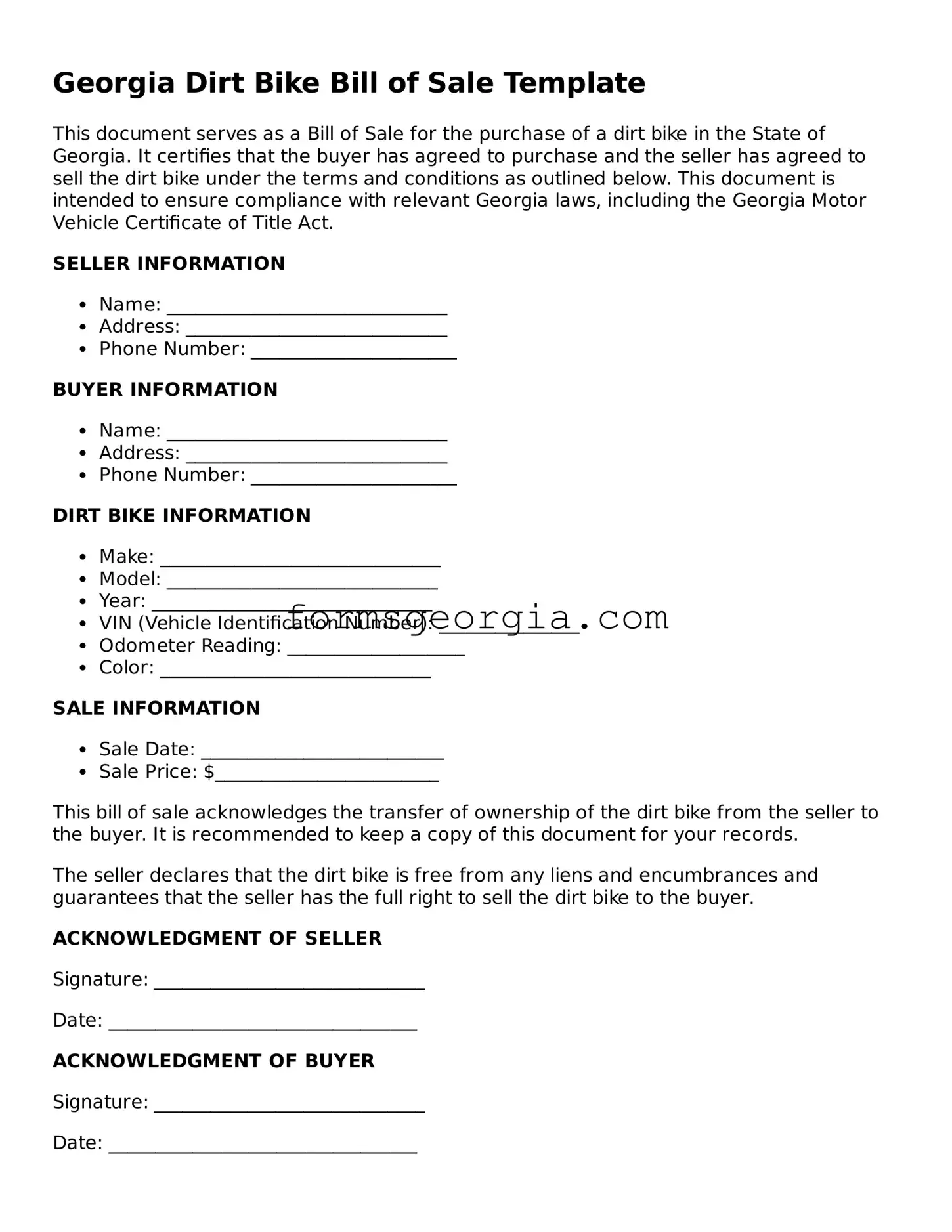Attorney-Approved Georgia Dirt Bike Bill of Sale Template