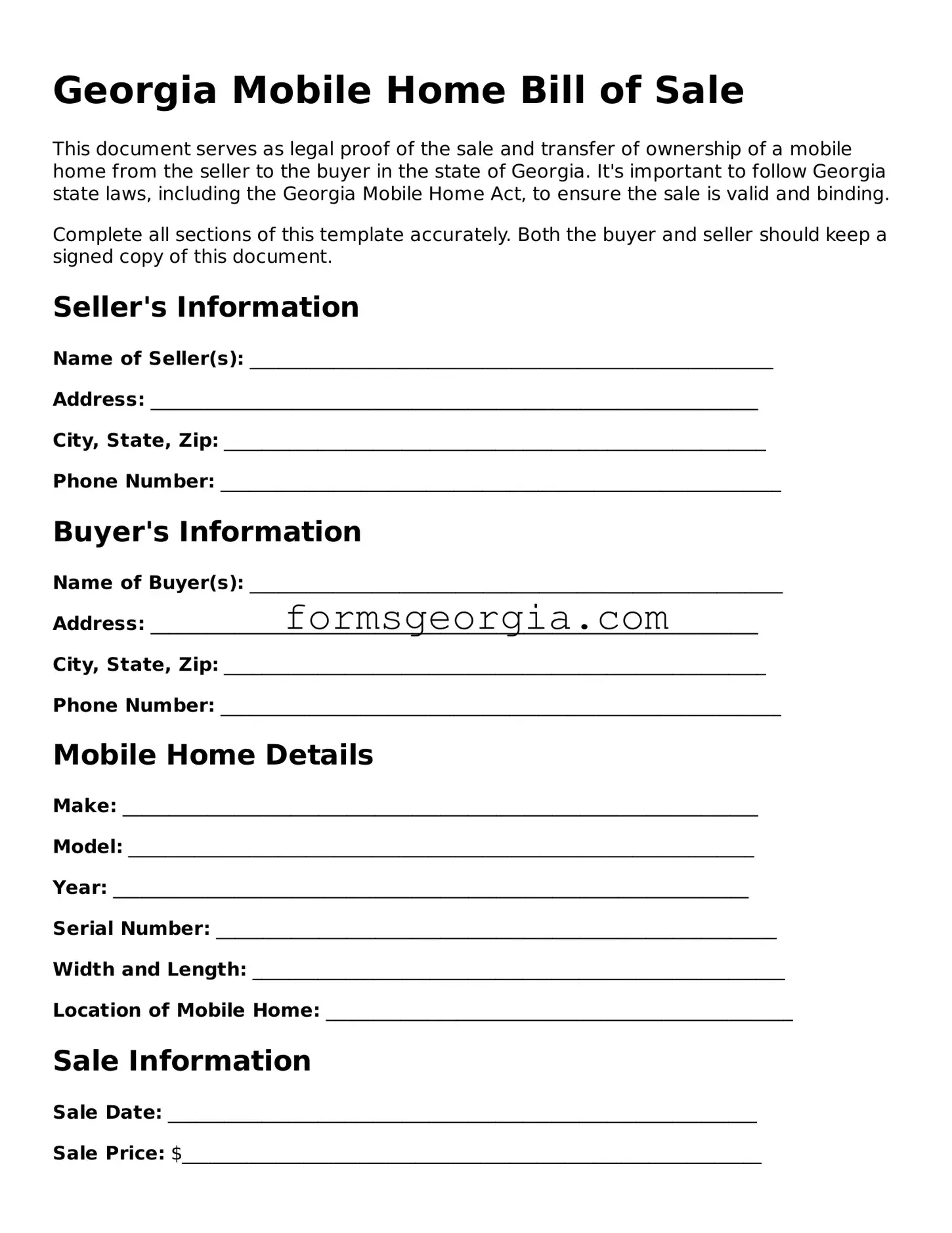 Attorney-Approved Georgia Mobile Home Bill of Sale Template