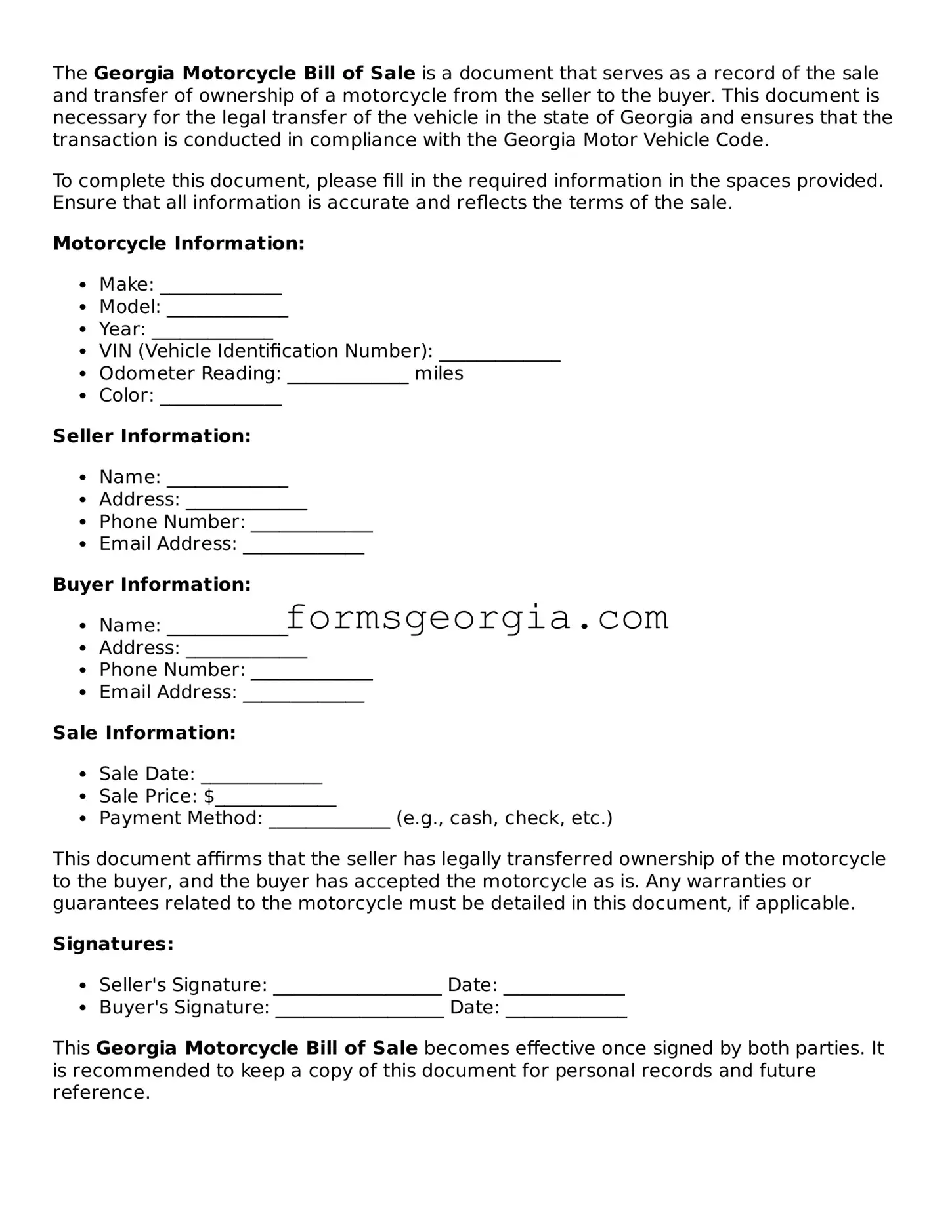 Attorney-Approved Georgia Motorcycle Bill of Sale Template