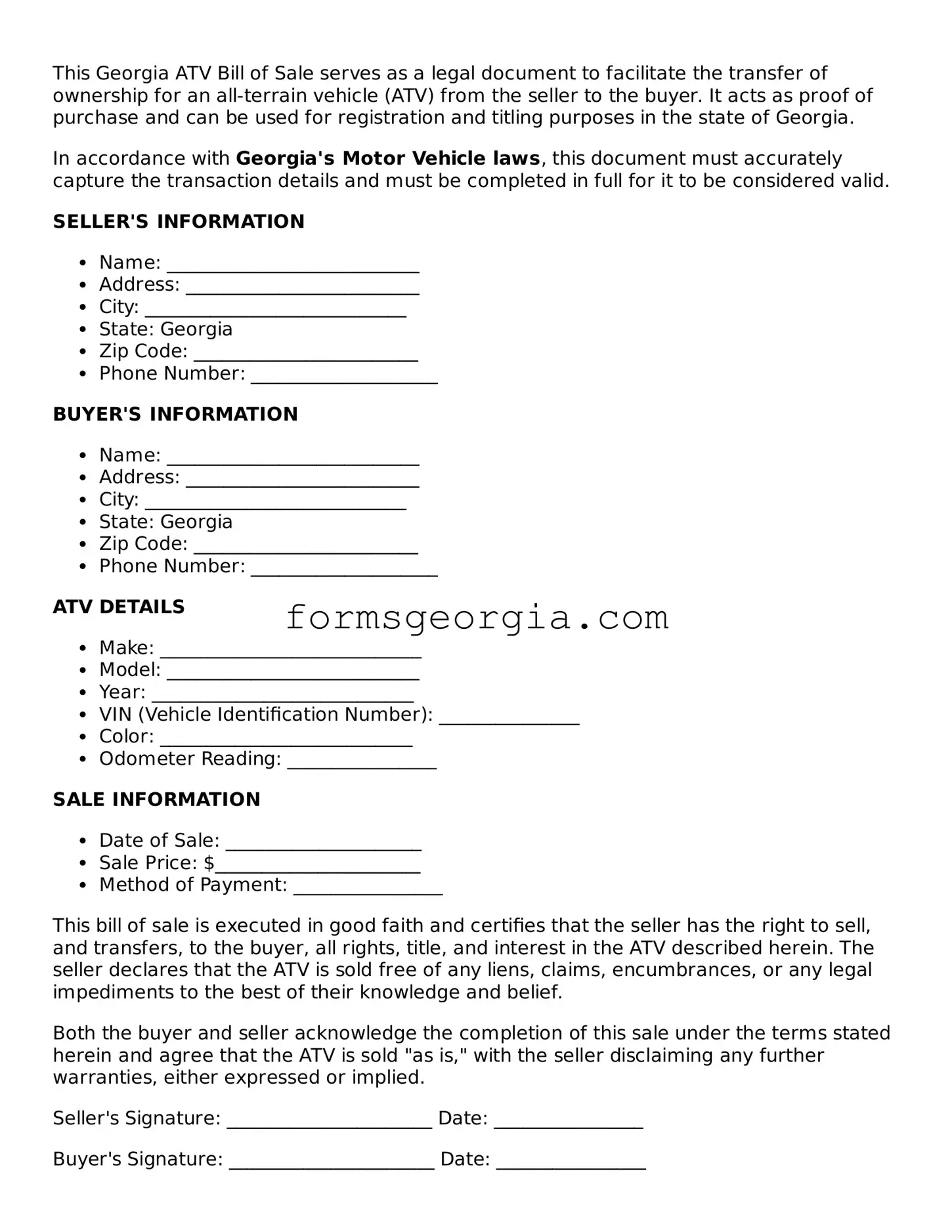 Attorney-Approved Georgia ATV Bill of Sale Template
