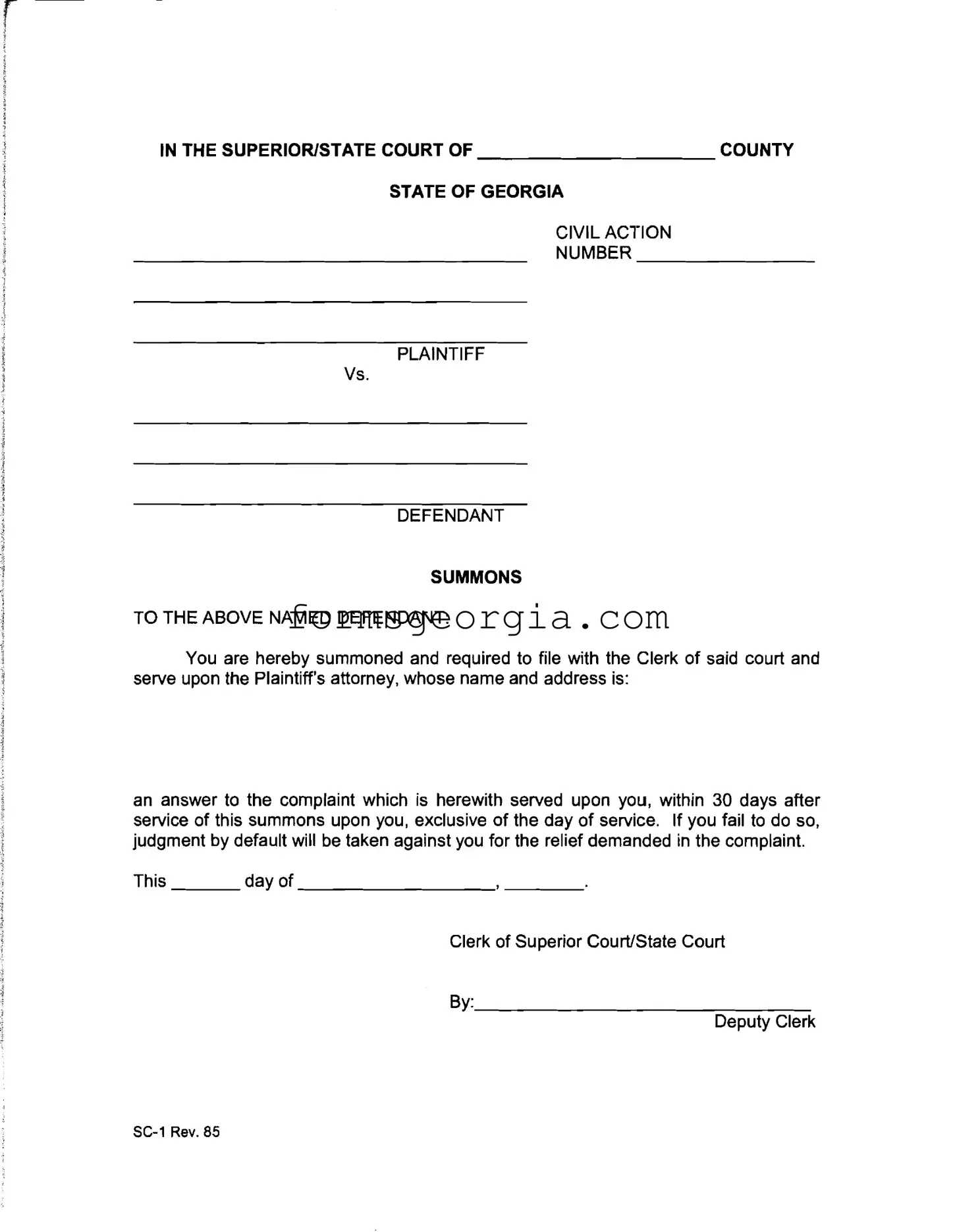 Fill a Valid Georgia Civil Summons Template
