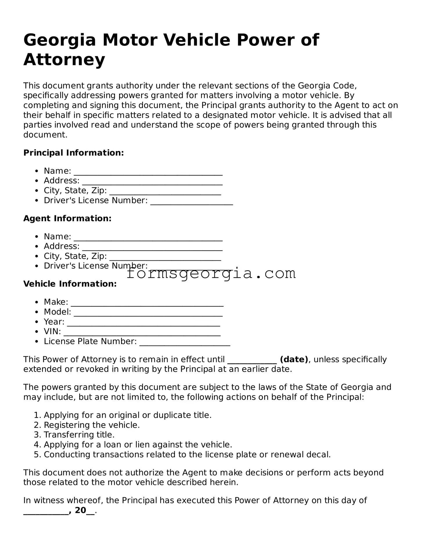 Attorney-Approved Georgia Motor Vehicle Power of Attorney Template