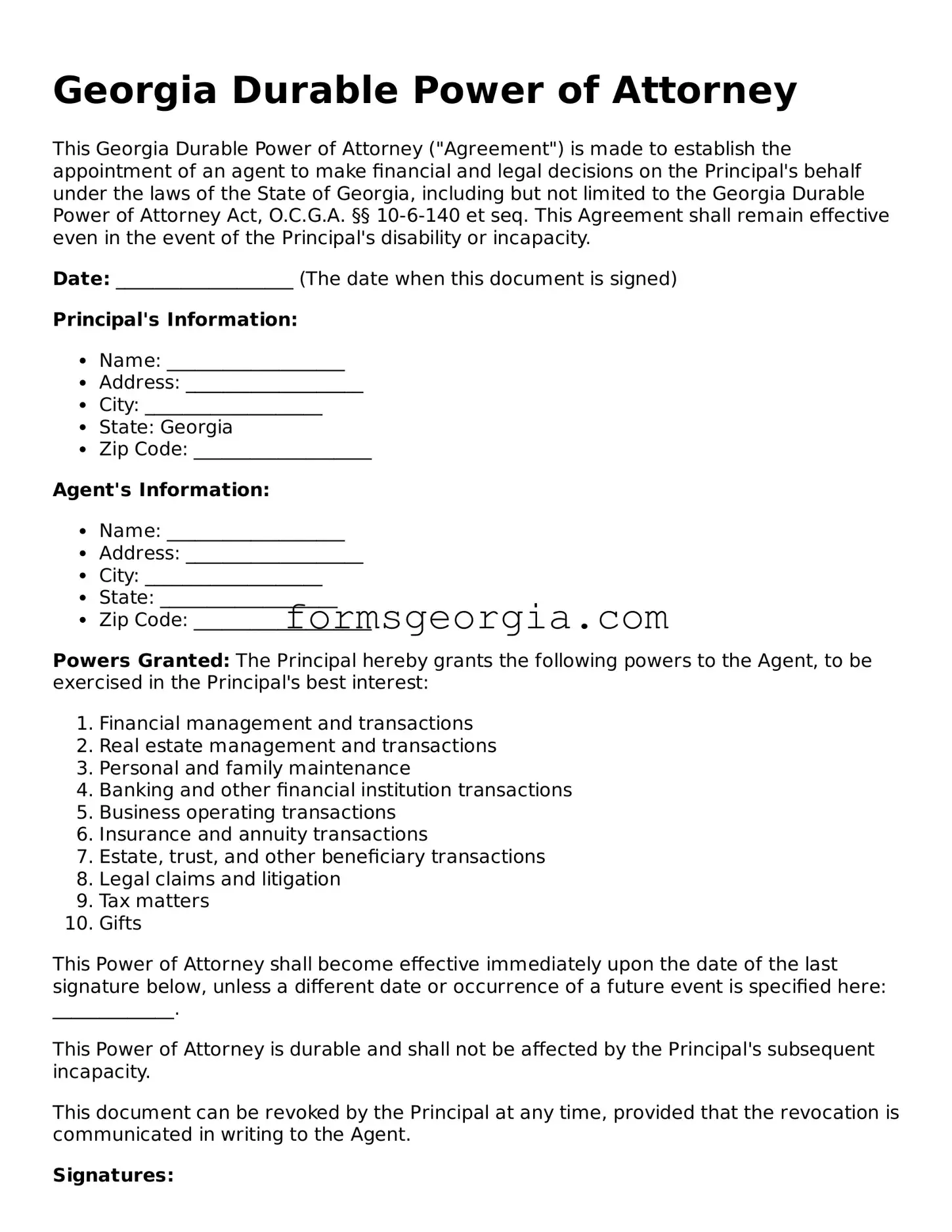 Attorney-Approved Georgia Durable Power of Attorney Template