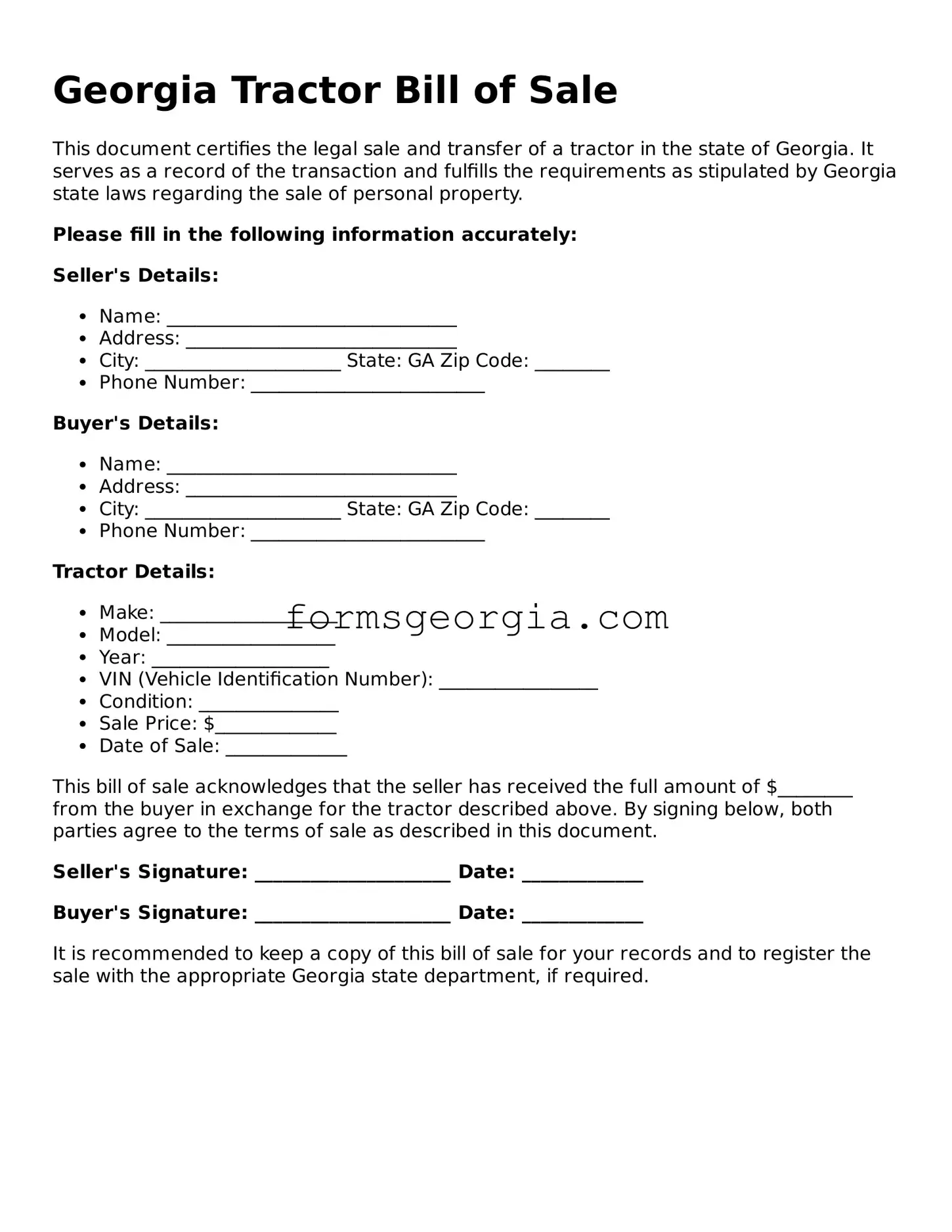 Attorney-Approved Georgia Tractor Bill of Sale Template