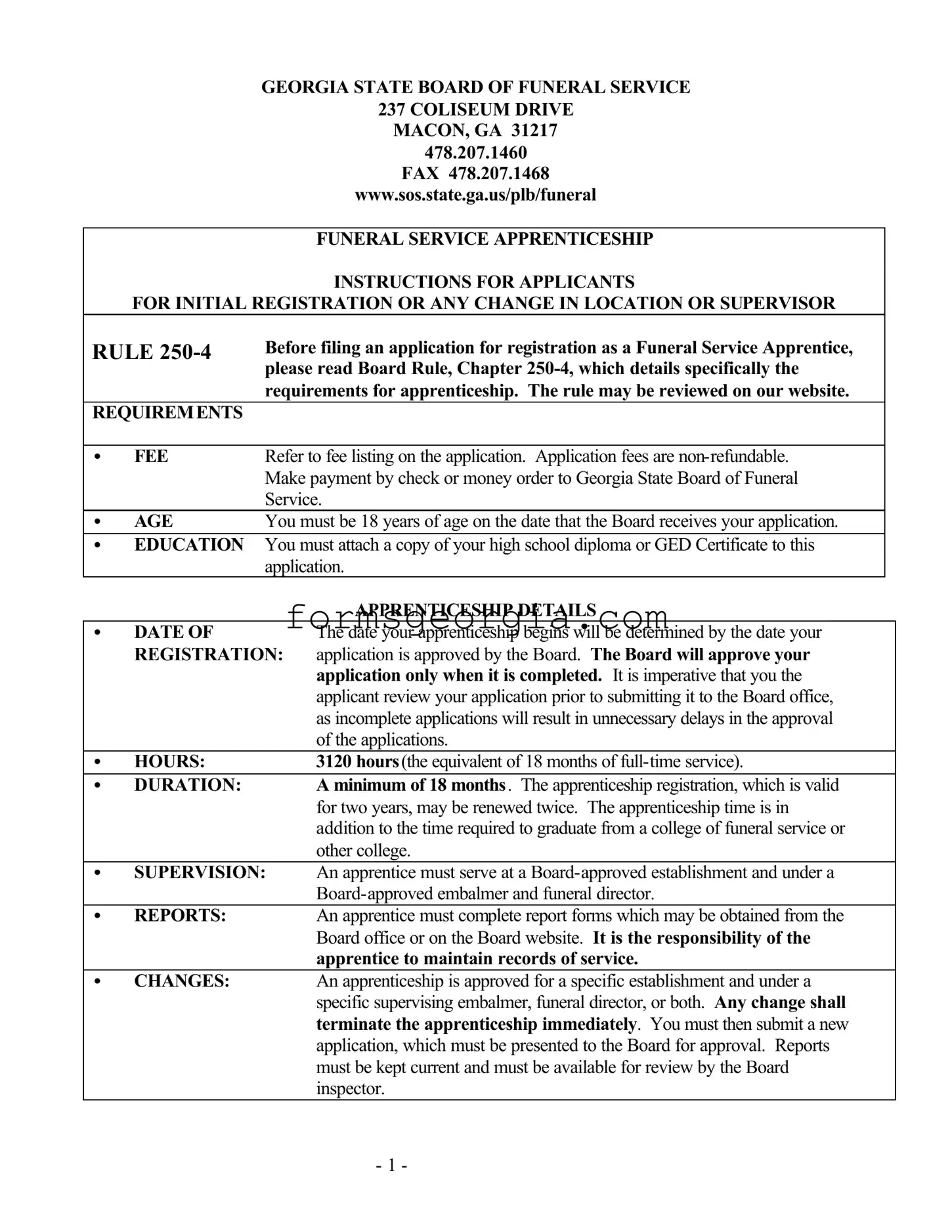 Fill a Valid Georgia Funeral Service Apprenticeship Template
