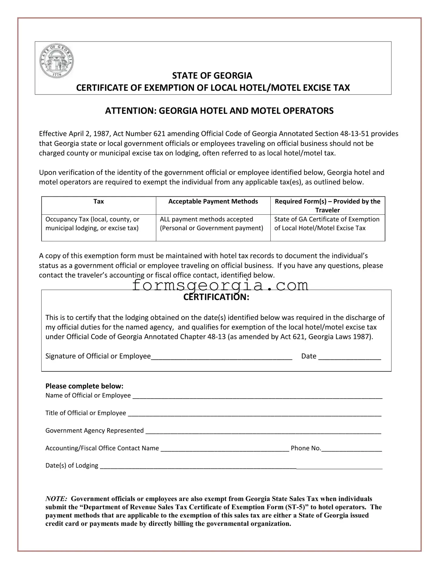 Fill a Valid Georgia Hotel Tax Template