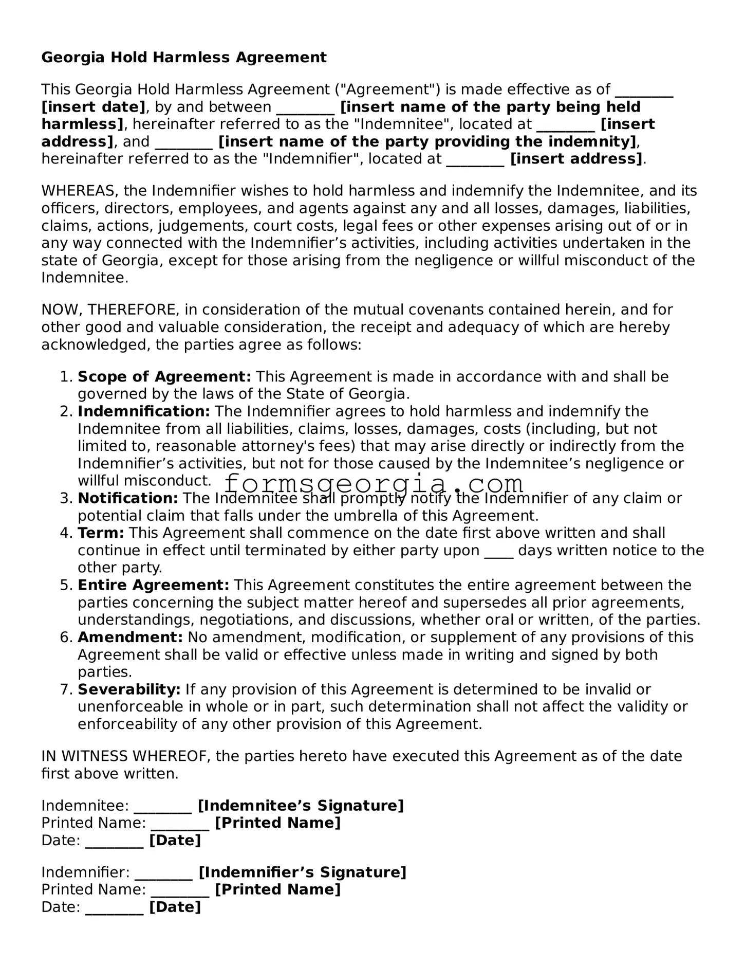 Attorney-Approved Georgia Hold Harmless Agreement Template