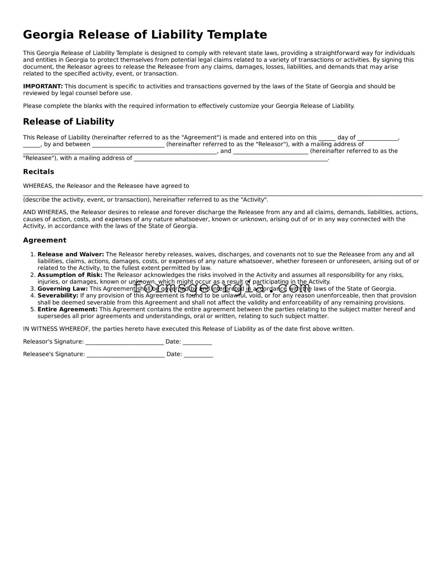 Attorney-Approved Georgia Release of Liability Template