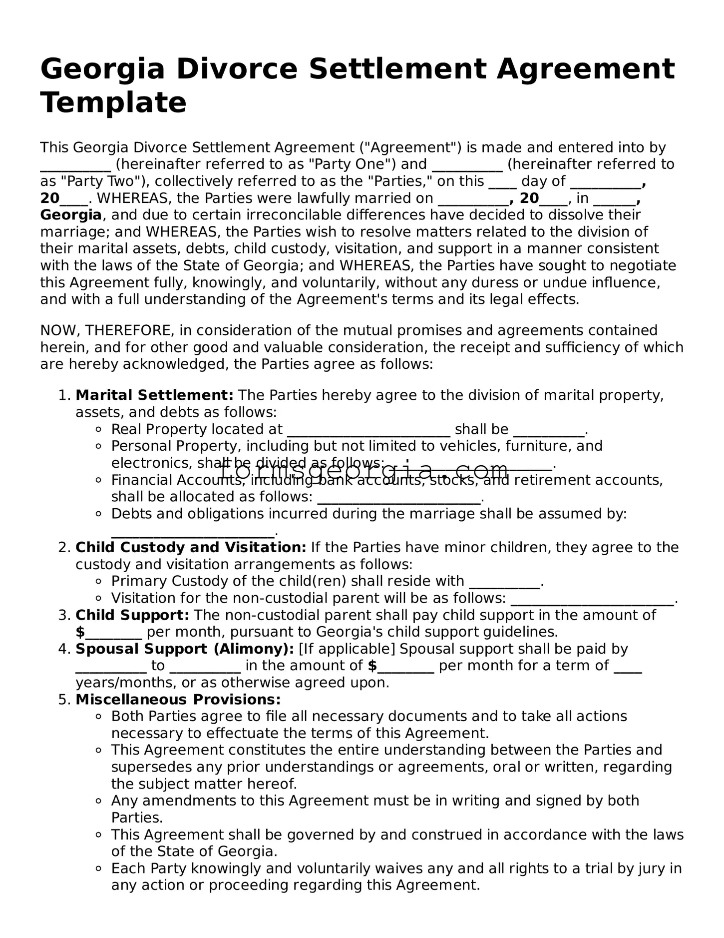 Attorney-Approved Georgia Divorce Settlement Agreement Template