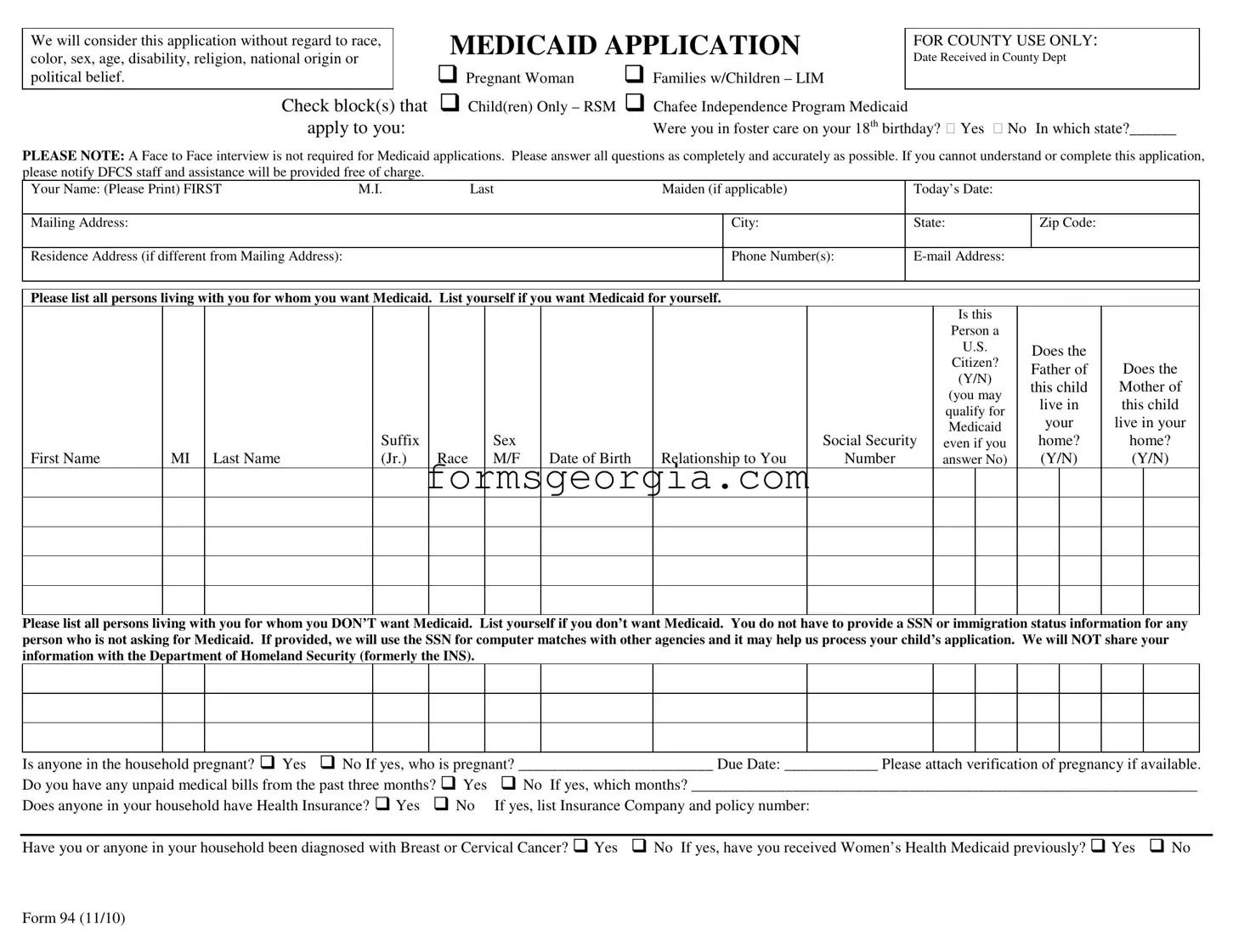 Fill a Valid Georgia Medicaid Application Template