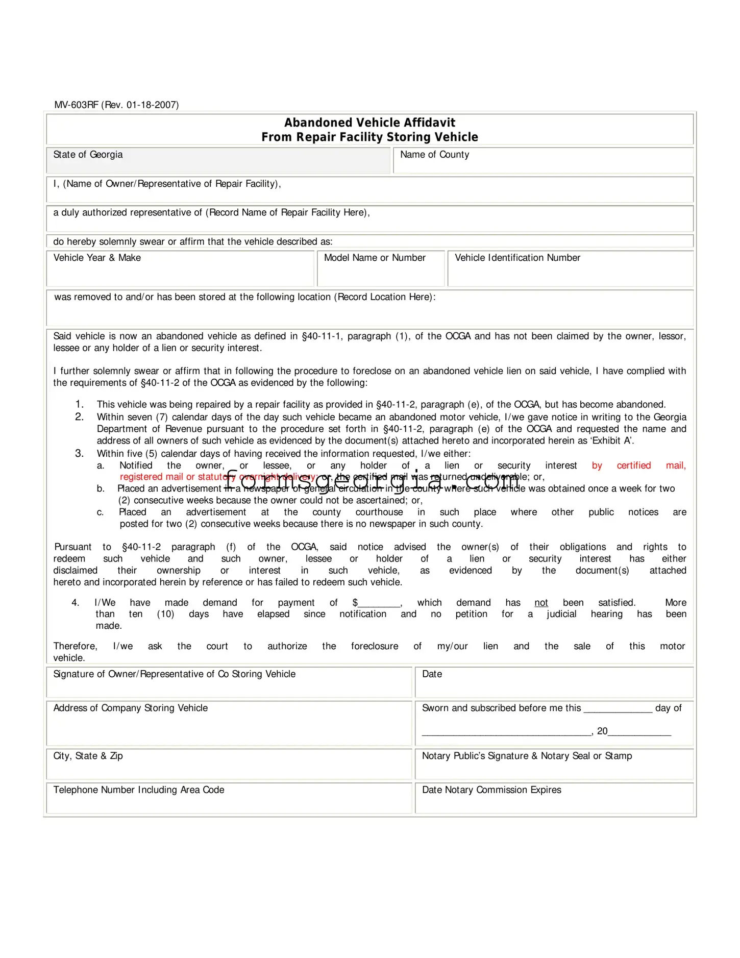 Fill a Valid Georgia Mv 603Rf Template