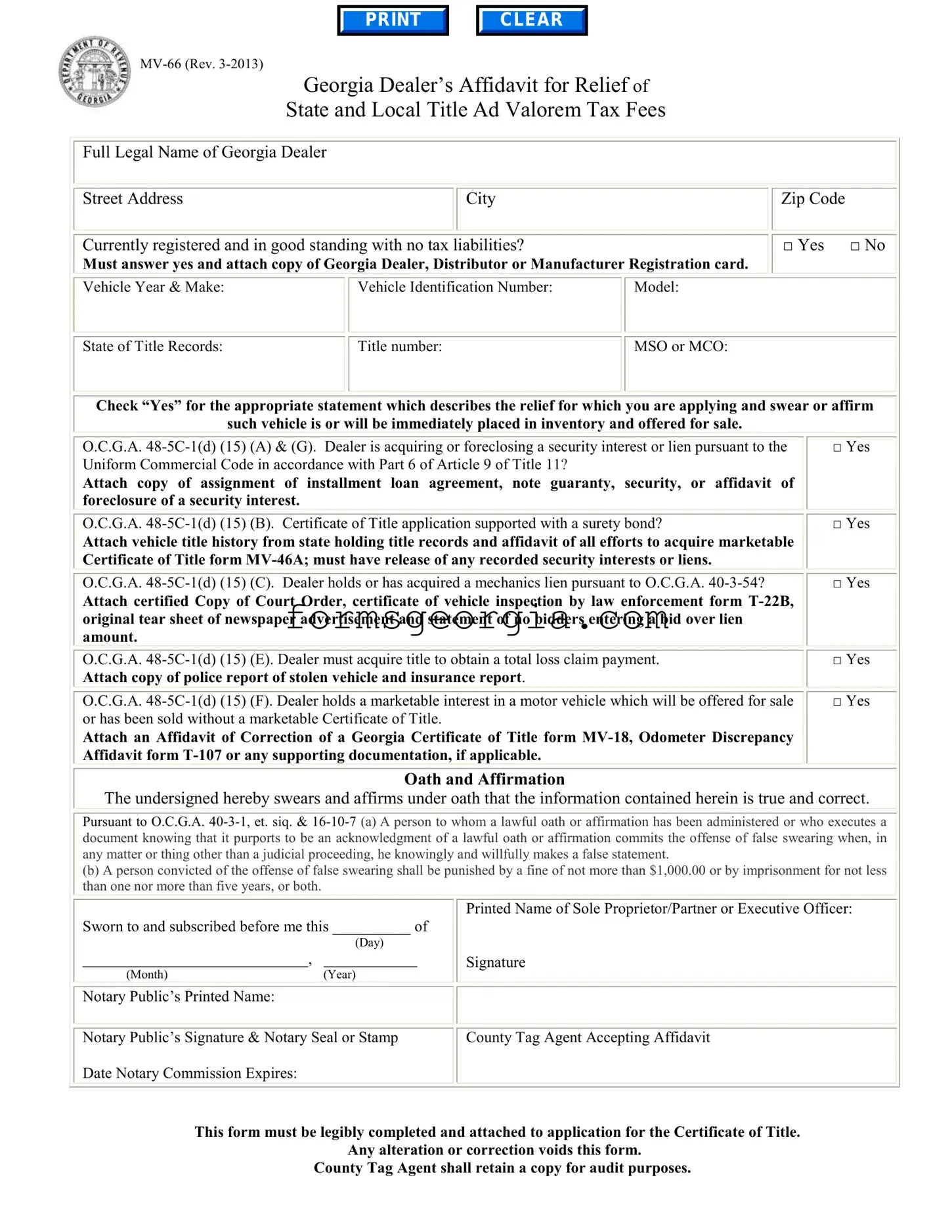 Fill a Valid Georgia Mv 66 Template