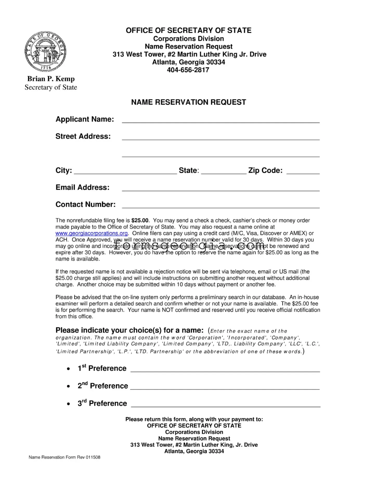 Fill a Valid Georgia Name Reservation Template