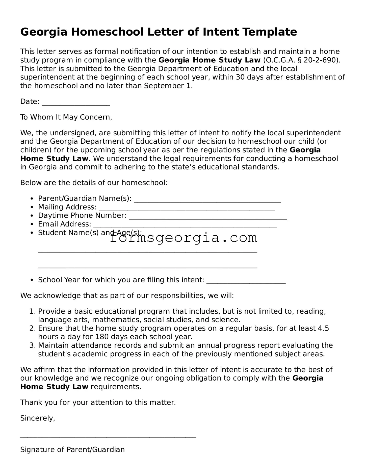 Attorney-Approved Georgia Homeschool Letter of Intent Template