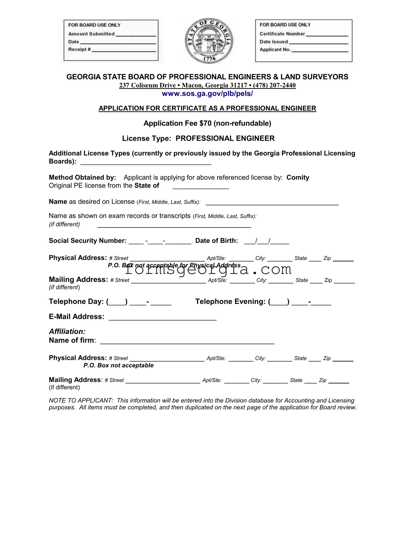 Fill a Valid Georgia Pe Comity Application Template