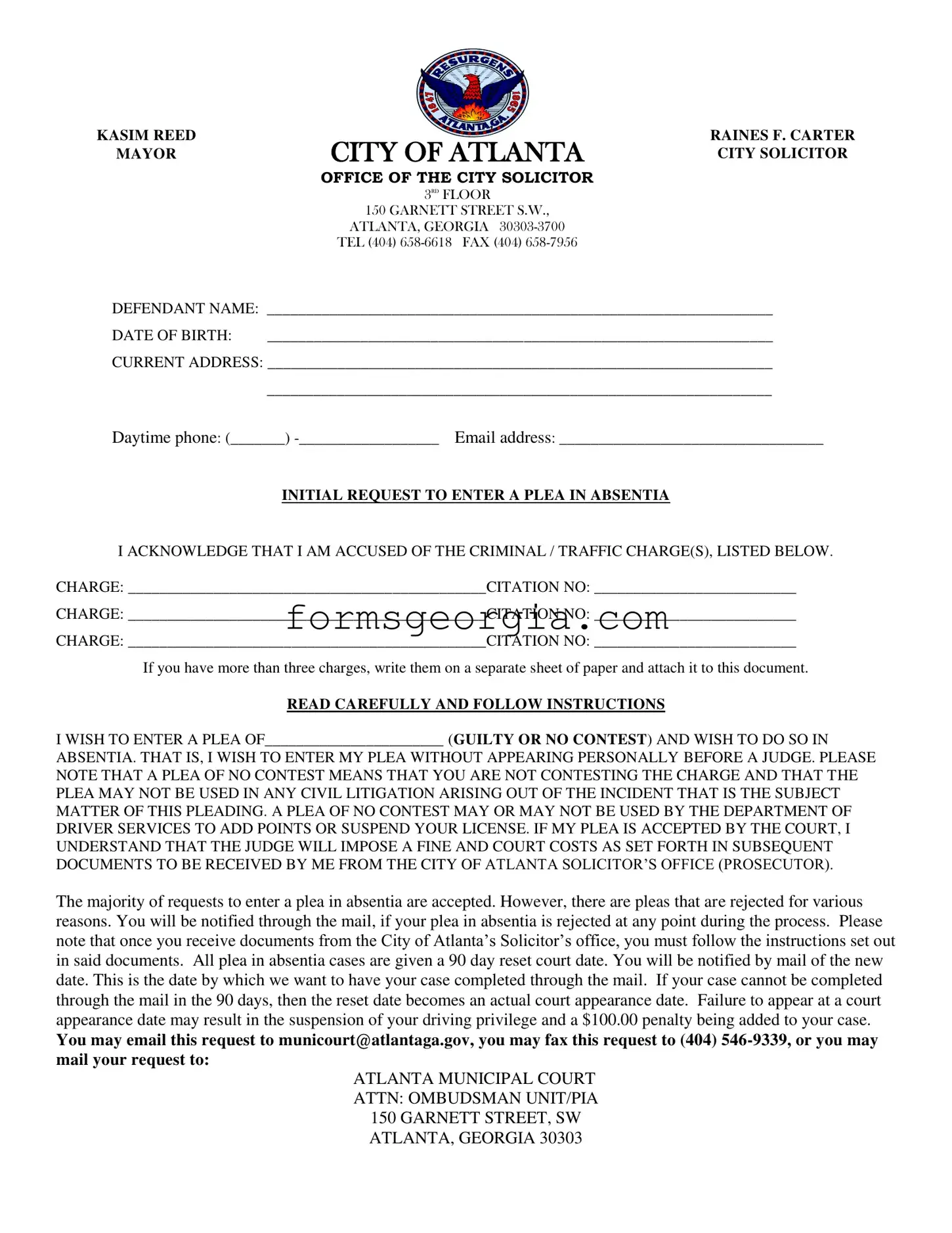 Fill a Valid Georgia Plea Absentia Template