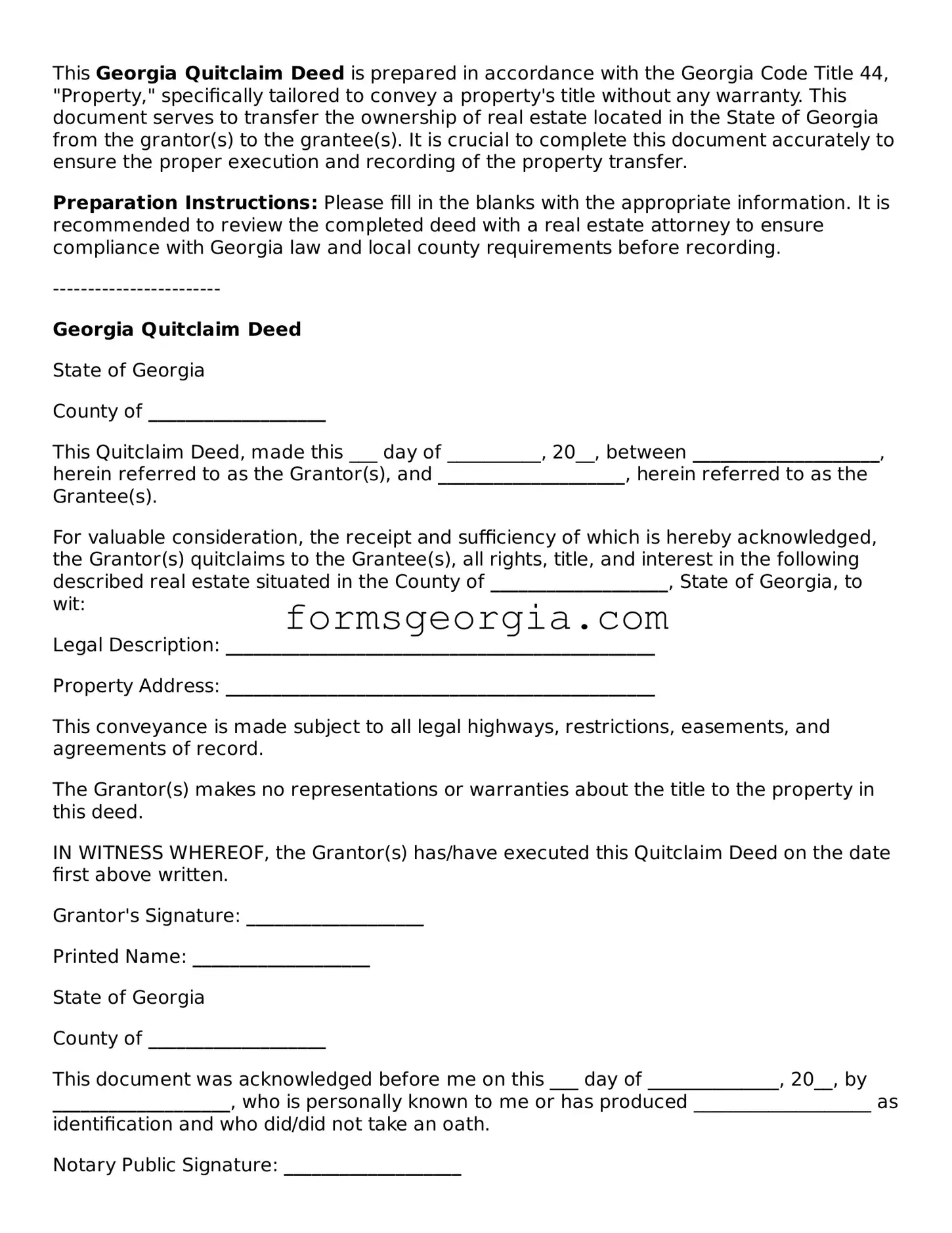 Attorney-Approved Georgia Quitclaim Deed Template