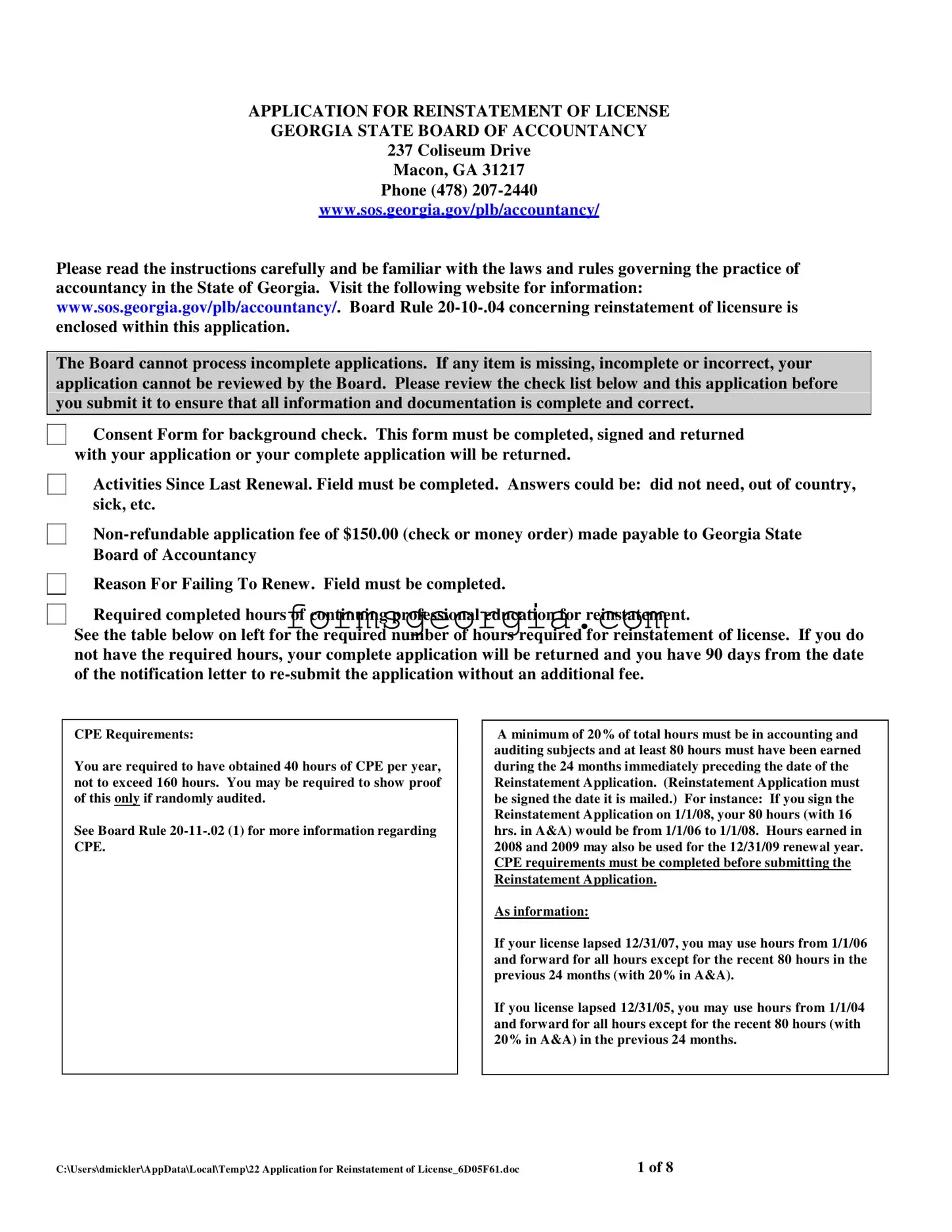 Fill a Valid Georgia Reinstatement Nursing Template