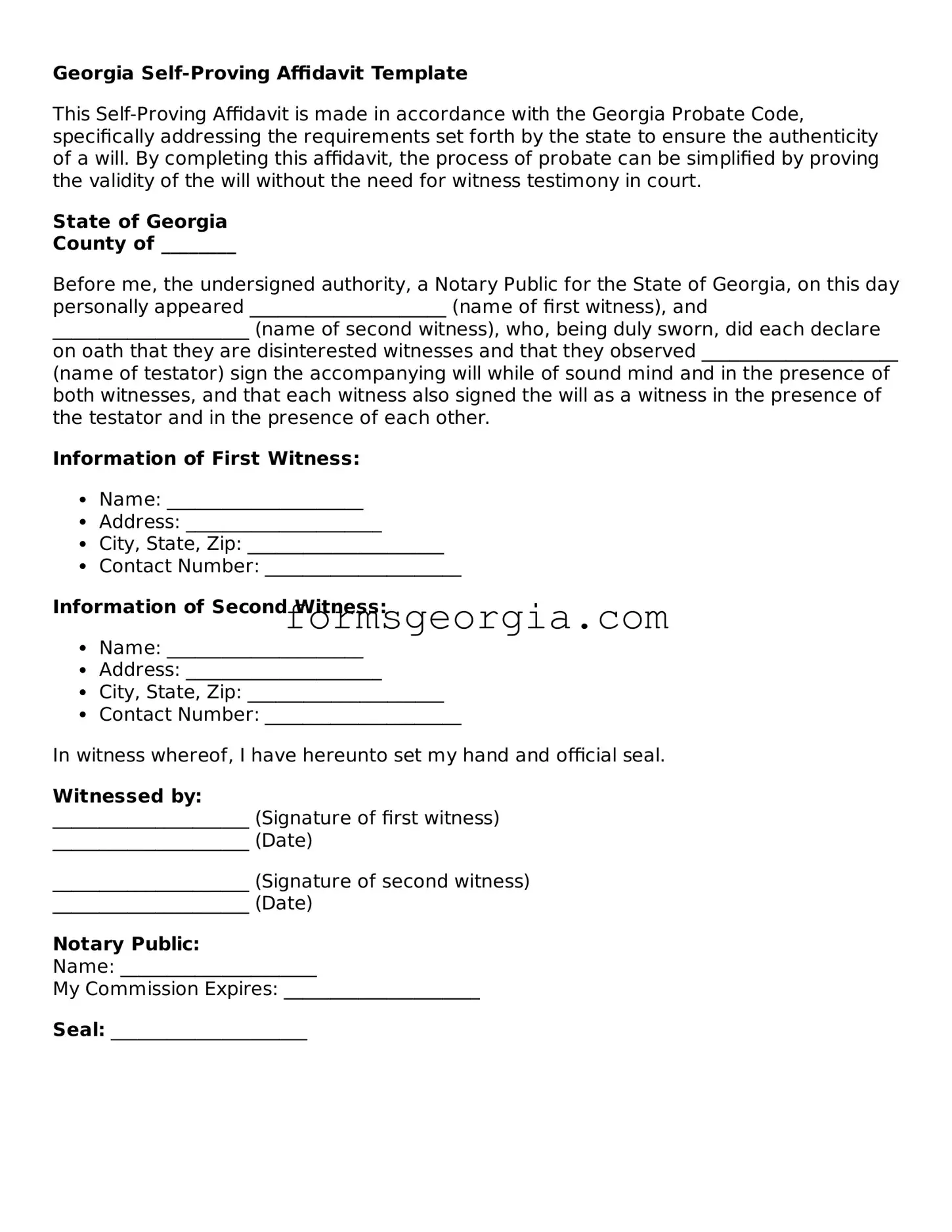 Attorney-Approved Georgia Self-Proving Affidavit Template