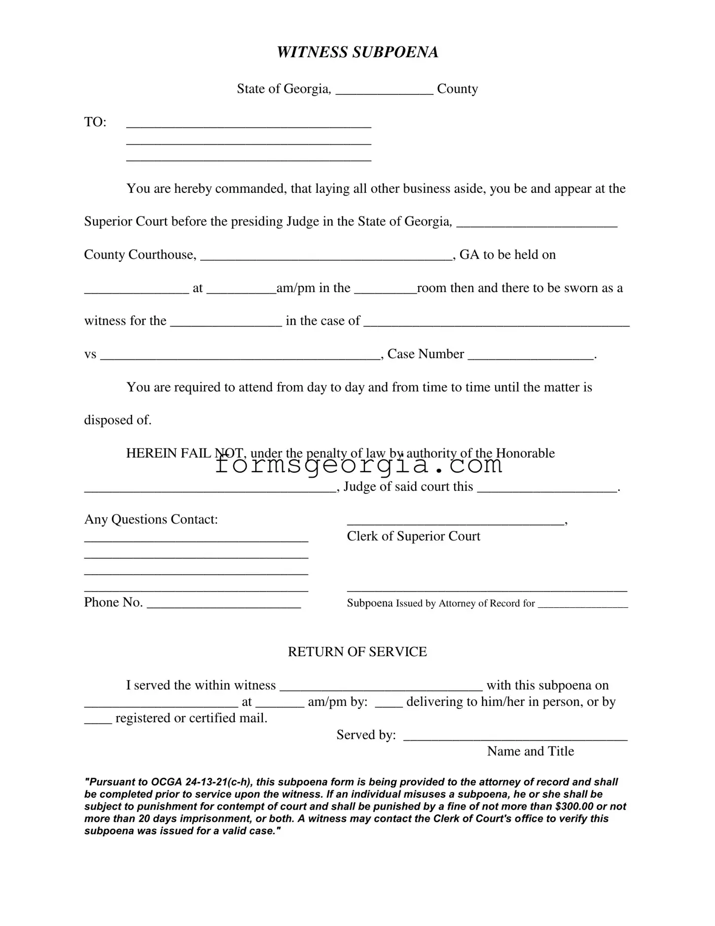 Fill a Valid Georgia Witness Subpoena Template