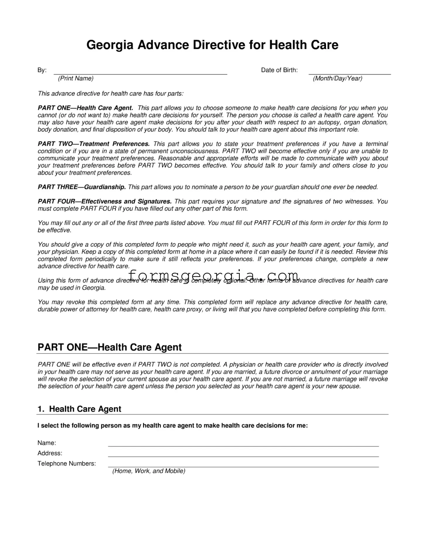 Fill a Valid Health Care Directive Georgia Template