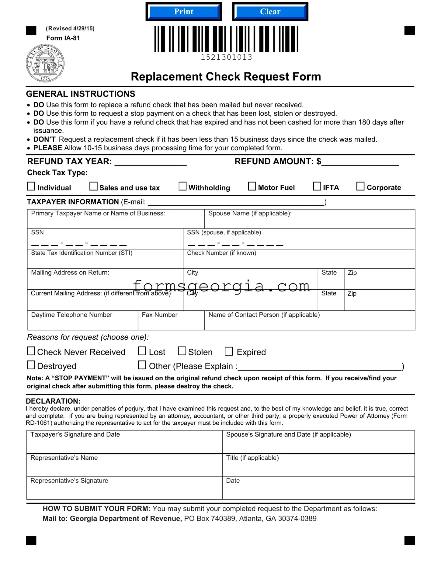 Fill a Valid Replacement Check Request Georgia Template