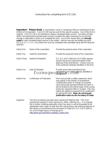Fill a Valid Articles Of Amendment Georgia Cd 110 Template