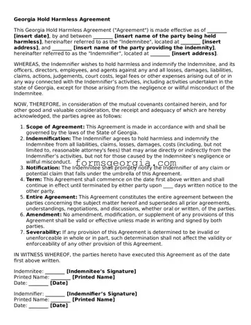 Attorney-Approved Georgia Hold Harmless Agreement Template
