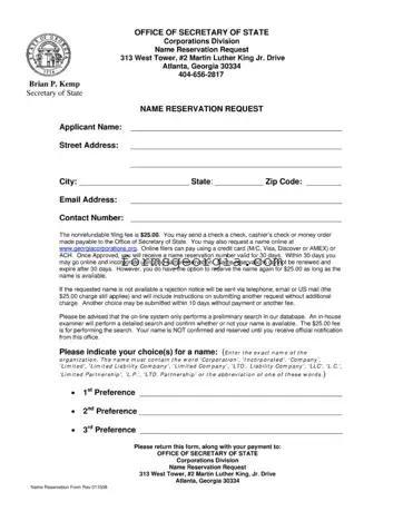 Fill a Valid Georgia Name Reservation Template