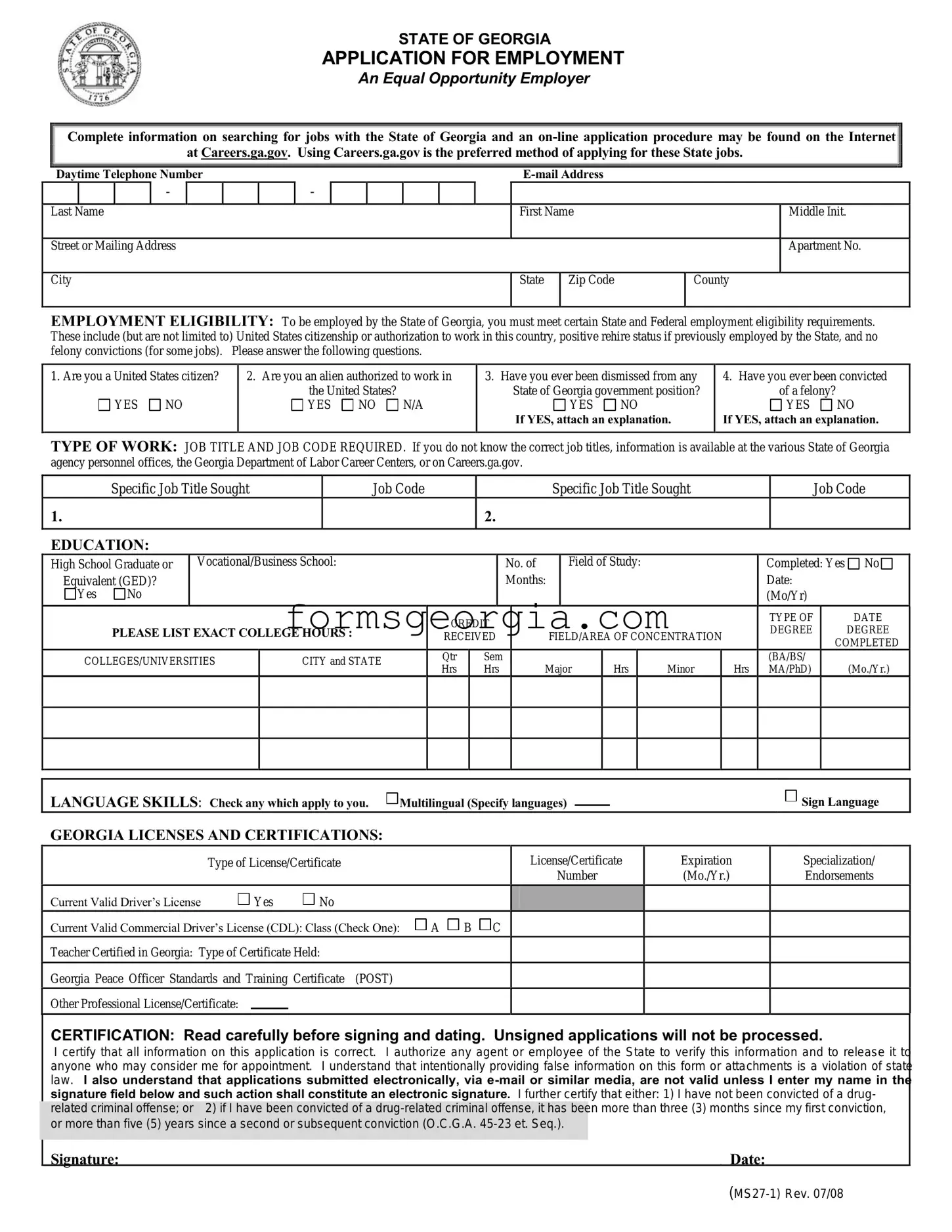 Fill a Valid State Of Georgia Application Ms27 1 Template